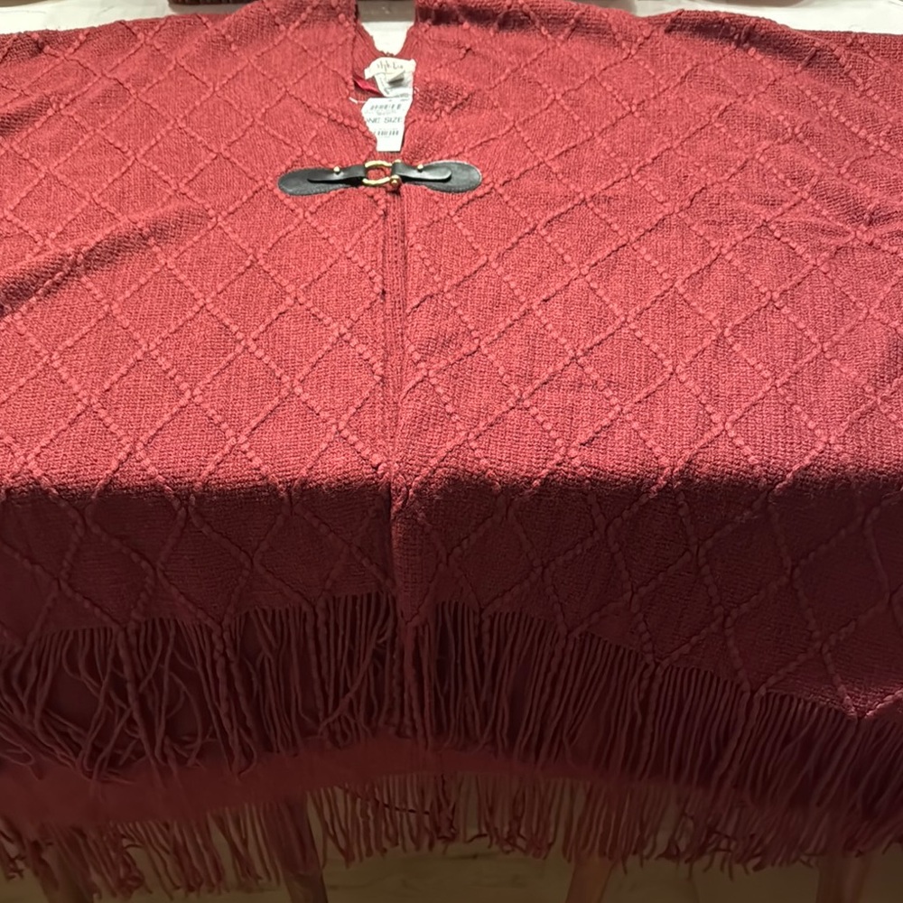 Style & Co Red Fringe Poncho